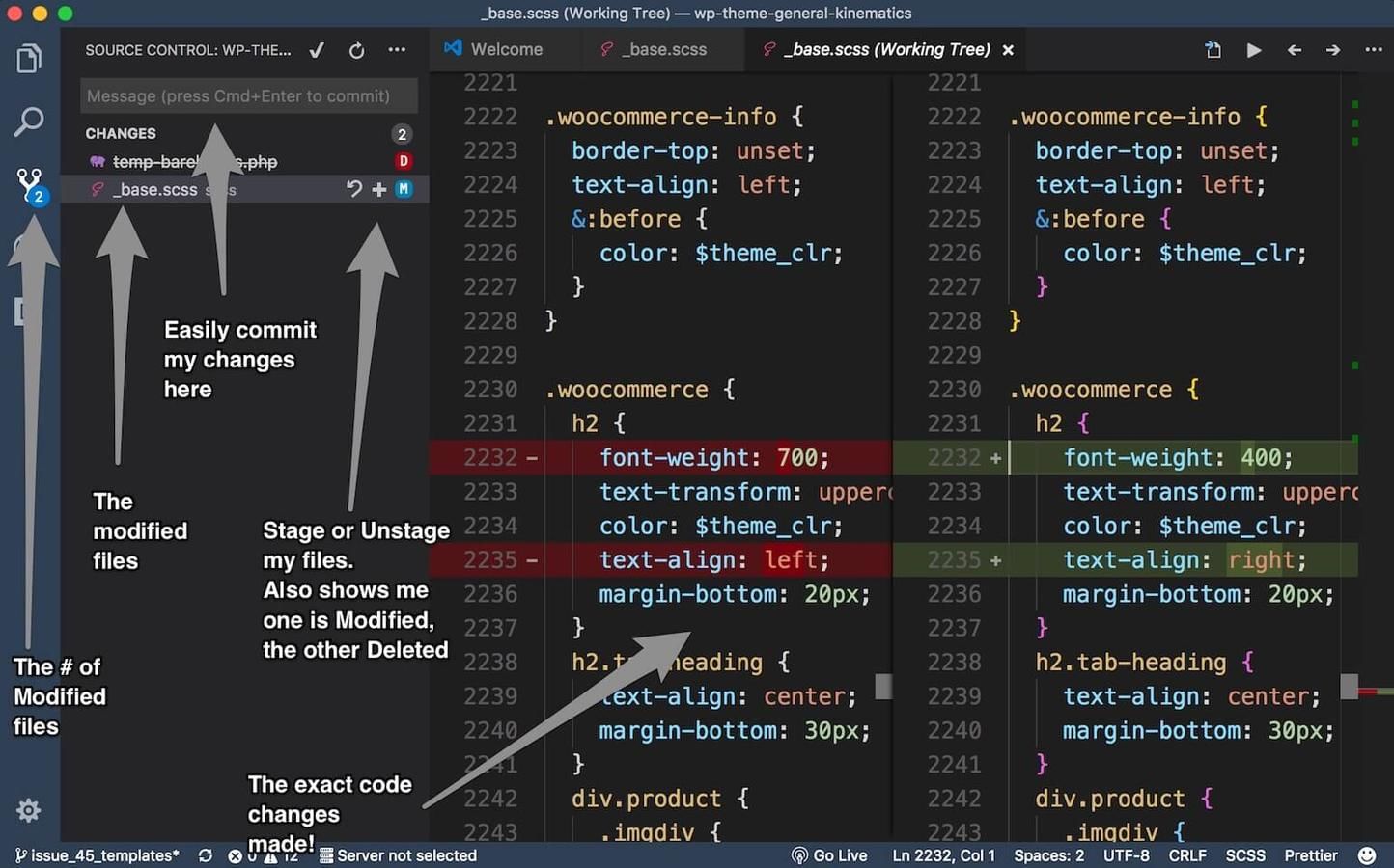 features of visual studio code git