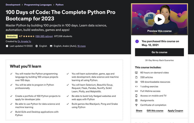100 days udemy course