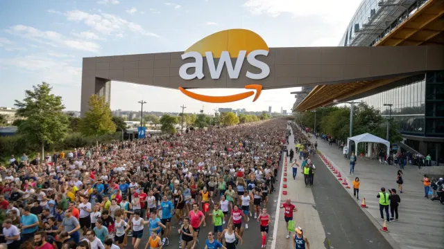 a lot of people running under an aws logo