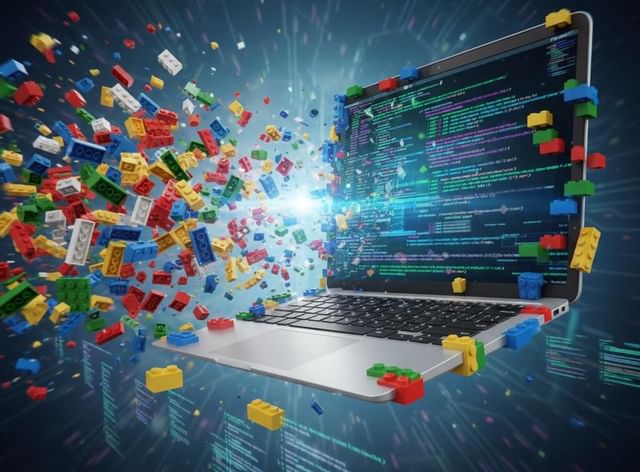 Lego blocks forming into a laptop representing the foundation for a new grad software engineer