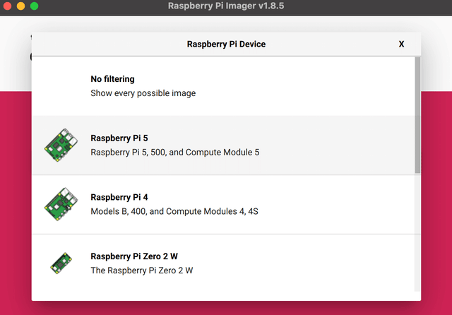 Raspberry Pi Imager showing device selection for Raspberry Pi 5