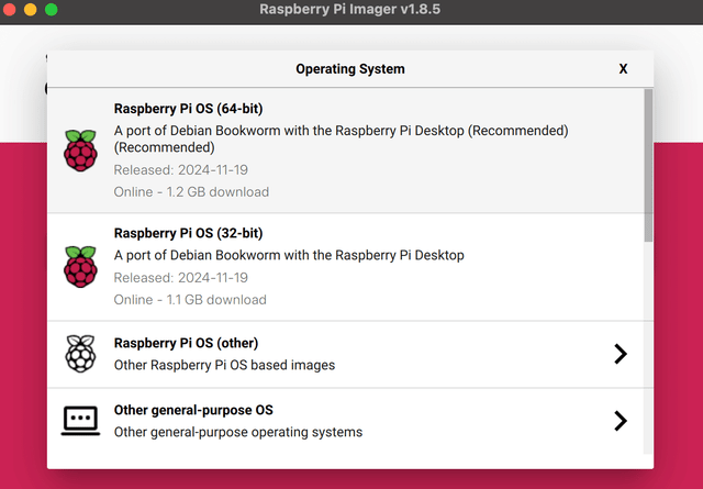 Raspberry Pi Imager with Raspberry Pi OS selection screen