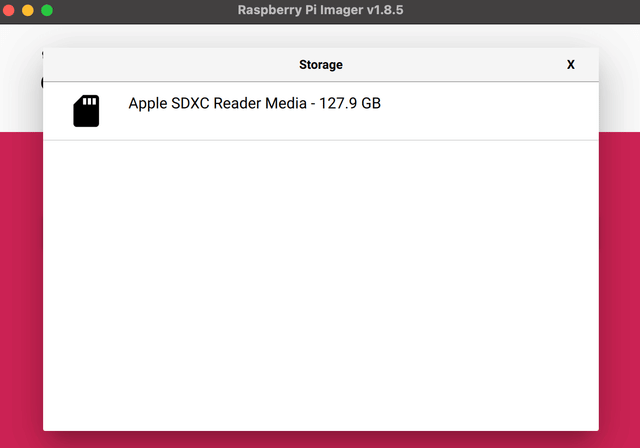 Raspberry Pi Imager showing storage selection for SD card or SSD