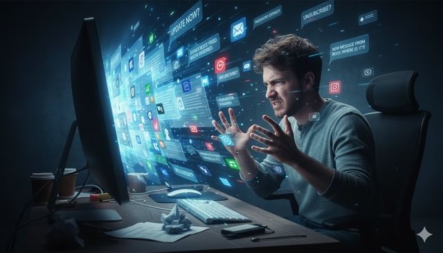 man yelling at computer as it gives him too many processes at once