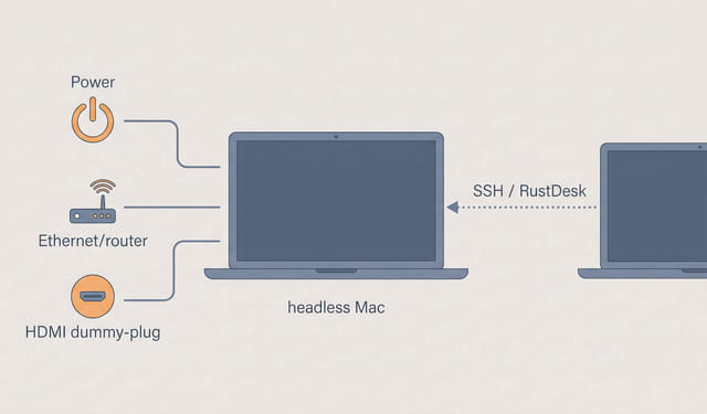 Diagram of a headless MacBook Pro homelab server connected to power, ethernet, and a dummy HDMI plug, accessed remotely over SSH and RustDesk