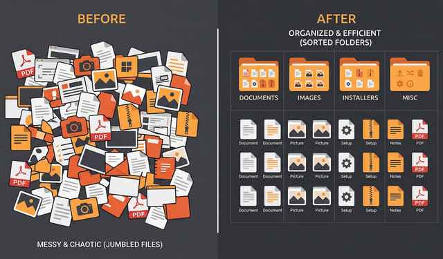 Before and after of a messy Downloads folder organized into clean labeled folders