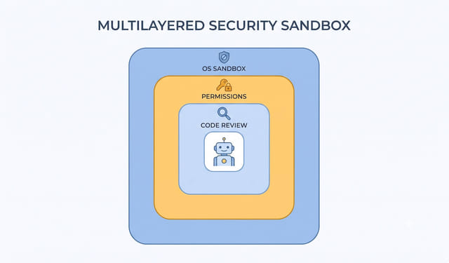 Diagram showing nested guardrail layers around an AI coding agent: OS sandbox, permission rules, and human review
