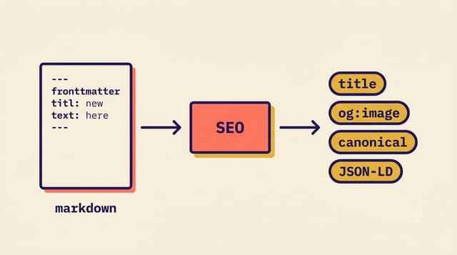 Diagram showing Astro frontmatter flowing through the astro-seo-kit SEO component into rendered head tags