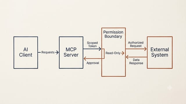 Diagram of an AI client connecting through an MCP server and permission boundary to an external system