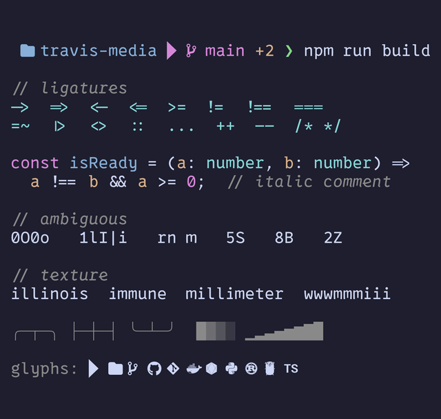Terminal prompt and TypeScript code sample rendered in 0xProto Nerd Font