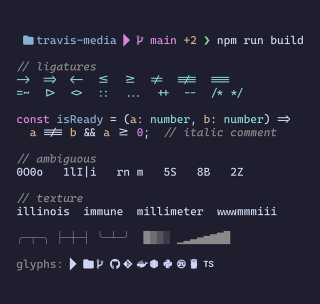 Terminal prompt and TypeScript code sample rendered in CaskaydiaCove Nerd Font