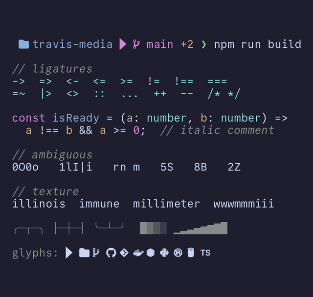 Terminal prompt and TypeScript code sample rendered in CommitMono Nerd Font