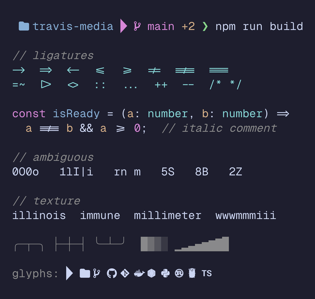 Terminal prompt and TypeScript code sample rendered in GeistMono Nerd Font