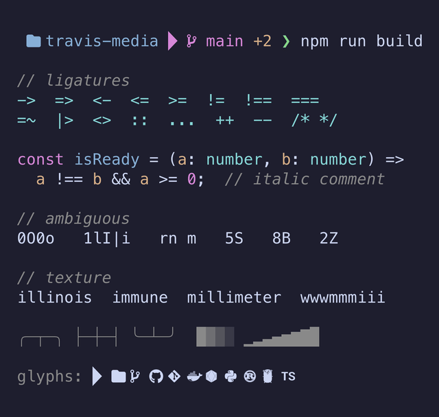 Terminal prompt and TypeScript code sample rendered in MesloLGS Nerd Font