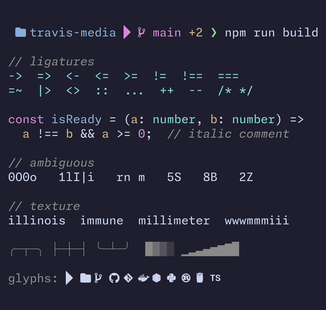 Terminal prompt and TypeScript code sample rendered in Monaspice Neon Nerd Font