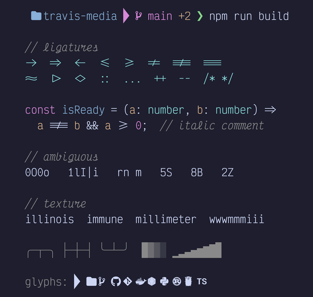 Terminal prompt and TypeScript code sample rendered in VictorMono Nerd Font, showing cursive italic comments