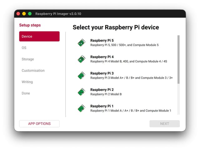 Raspberry Pi Imager showing device selection for Raspberry Pi 5