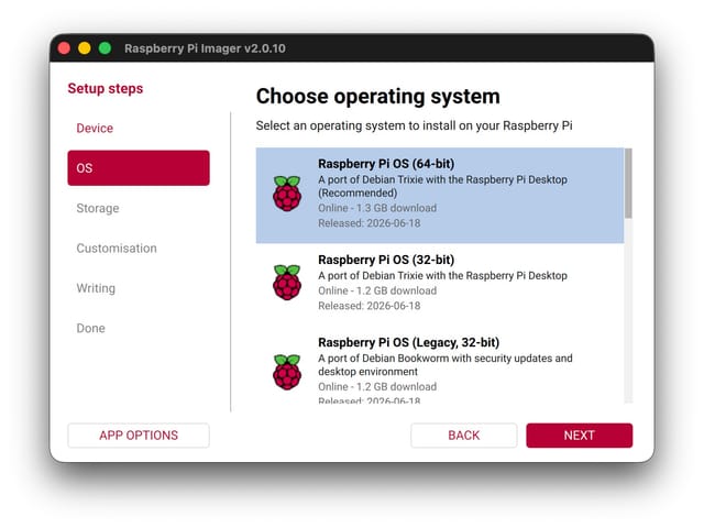 Raspberry Pi Imager with Raspberry Pi OS selection screen