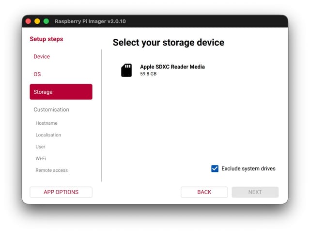 Raspberry Pi Imager showing storage selection for SD card or SSD