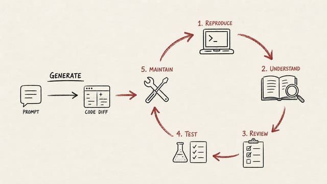Diagram comparing the low cost of generating AI code with the larger human cost of reviewing and maintaining an open source contribution